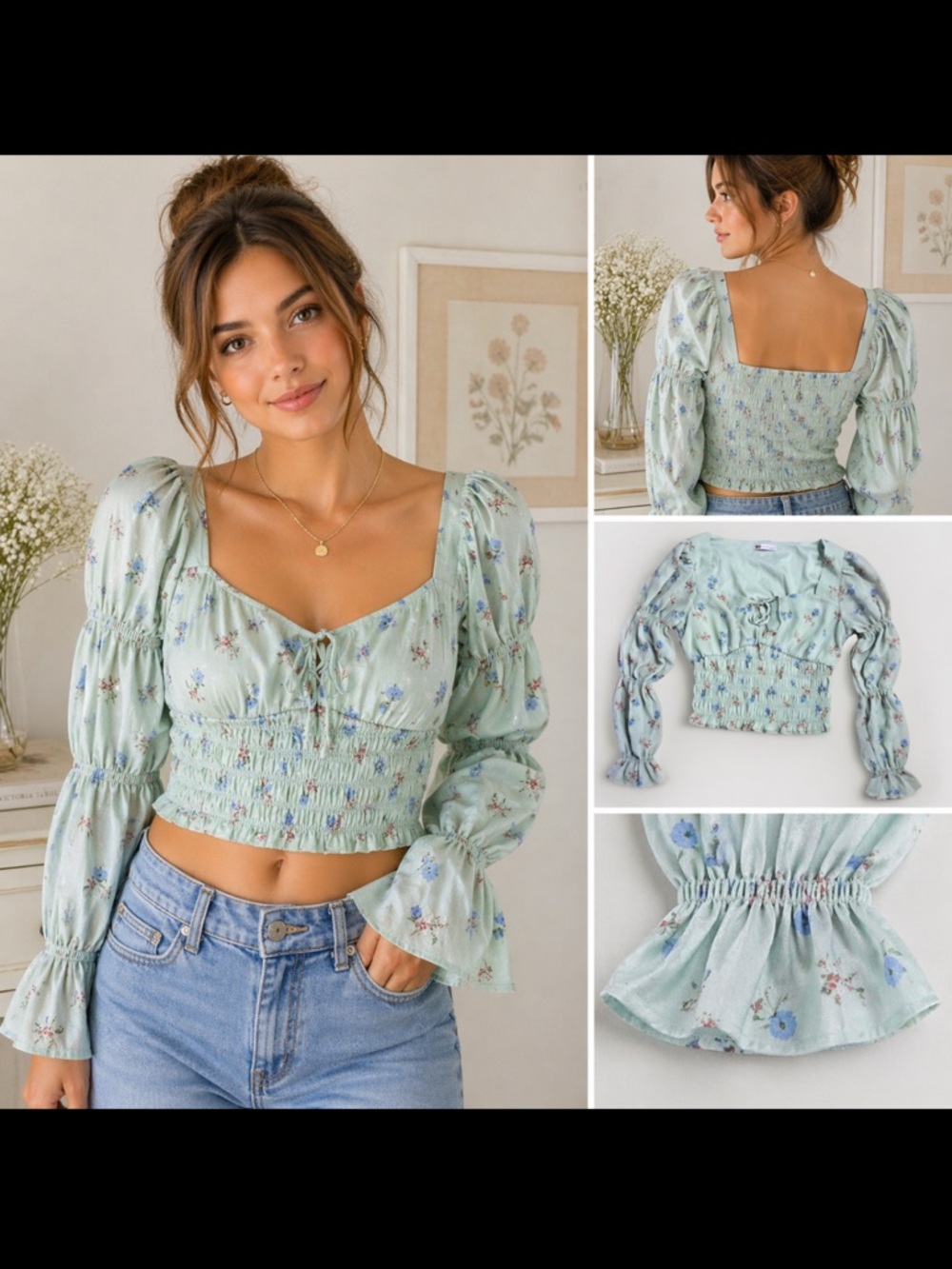 SO Mint Floral Ruched Crop Top Size L Green Cottagecore Puff Sleeve Fairy - Picture 2 of 13